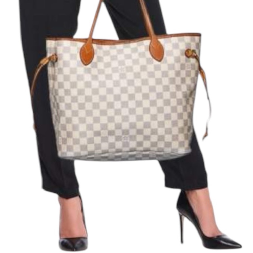 Louis Vuitton DAMIER AZURE MM NEVERFULL TOTE SHOULDER BAG with Free Wallet